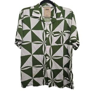 OAS Mens XL Short Sleeve Viscose Button Up Shirt Green White Geometric Pattern